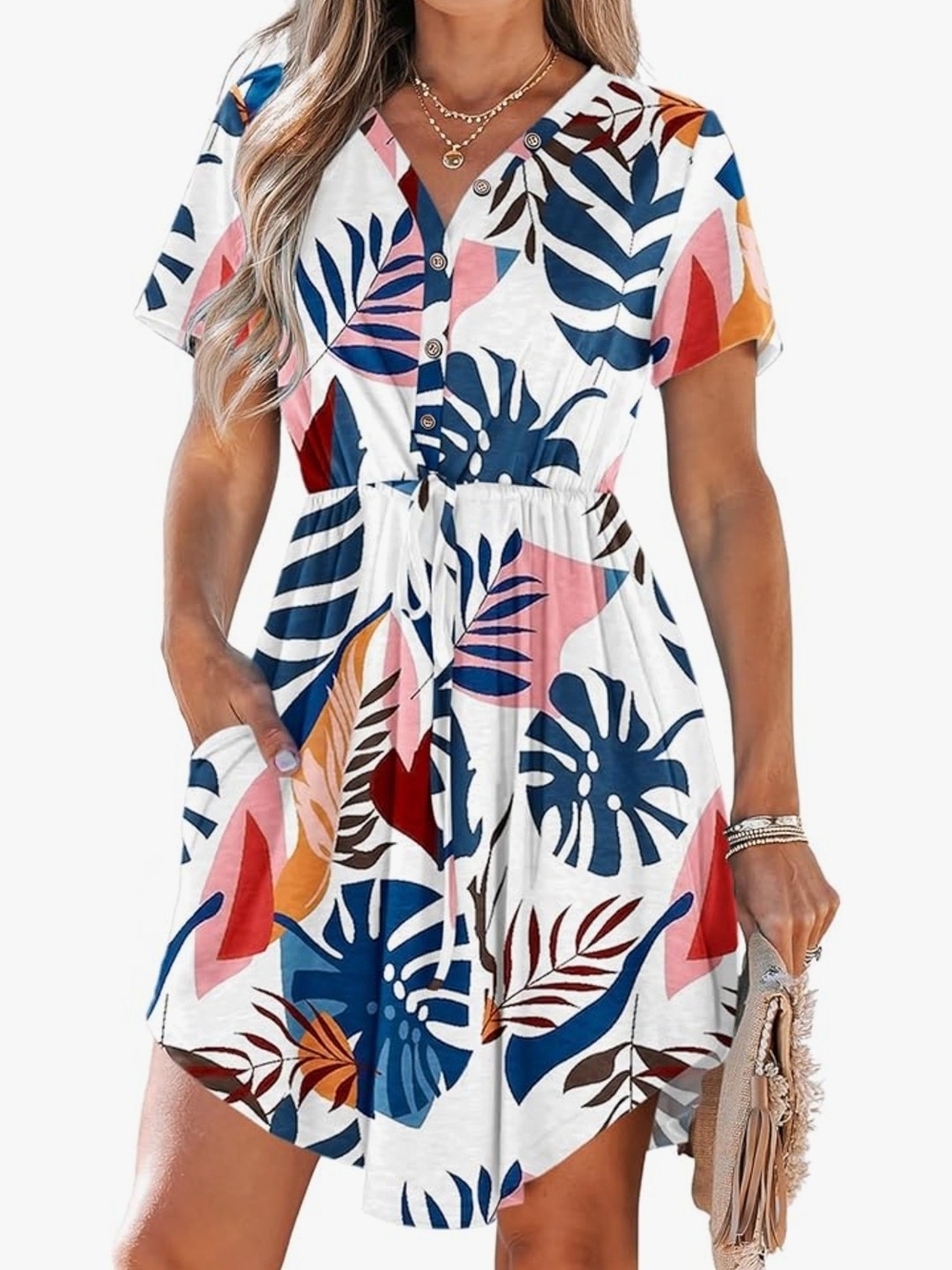 Tropical Leaf Print V-Neck Drawstring Dress - White Multi